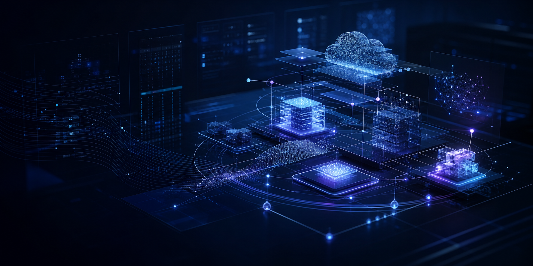 Abstract enterprise technology architecture with luminous network nodes and cloud system layers